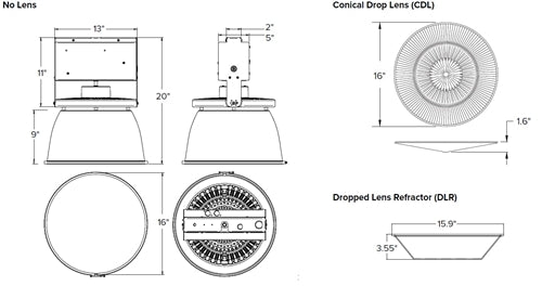Columbia Lighting UTB2-840-MH-EDU-WW16-CDL-WH-ELL14 High Bay LED, Gen 2, 80 CRI, 4000K, 0-10V Dim to 10%, 120-277V, 16" Transclucent White Optic, Conical Drop Lens, Battery Back Up