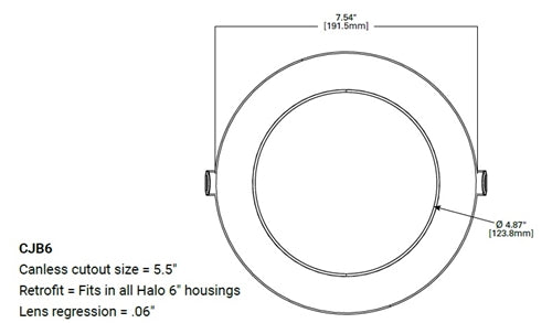 Halo Recessed CJB6099FS1EMW6" Canless LED Downlight, 900 Lumens, Field-Selectable CCT 2700/3000/3500/4000/5000K, 90 CRI, 120V LE/TE Phase Cut Dimming to 10%, Integrated JBox, Matte White