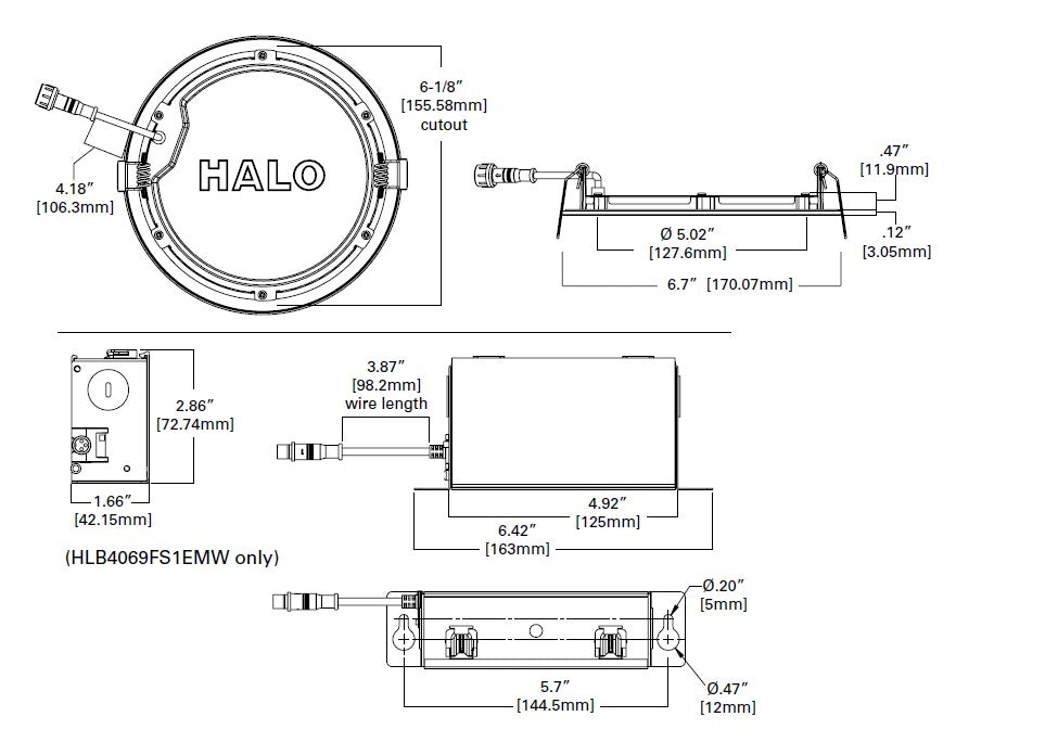 Halo Recessed HLB6099401EMWR 6" Round LED Lens Downlight with Remote Driver/ Junction Box, 900 Lumens, 90 CRI, 4000K, 120V, LE & TE Phase Cut 5% Dimming, Matte White Flange Finish