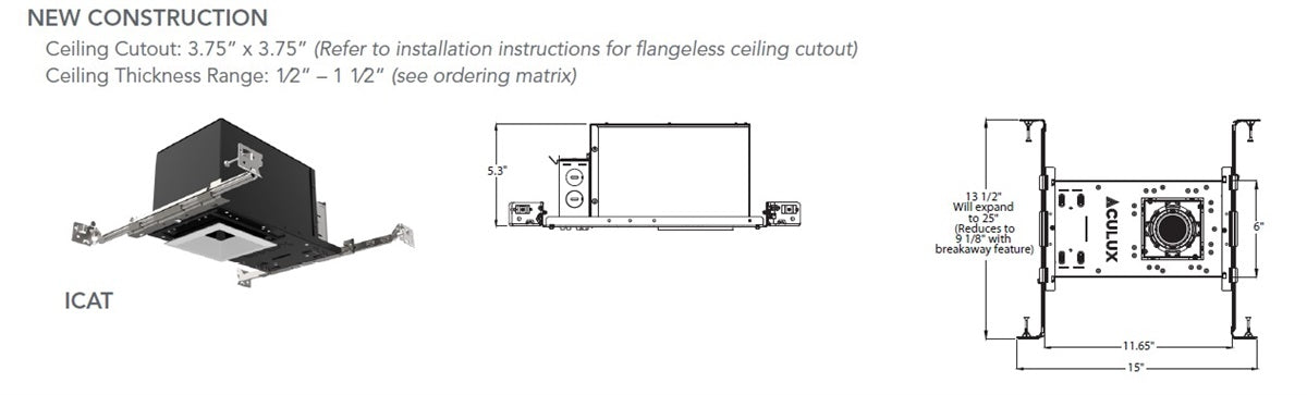 Juno Aculux INIT3SQ D 15LM 30K 90CRI 50D FPC 120 ICAT Recessed Lighting 3" Square IC New Construction Housing, 1500 Lumens, 3000K, 90 CRI, 50 Degree Beam, Phase Cut Dimming & 0-10V, 120V