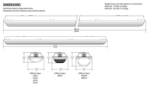Lithonia FEM L48 10000LM IMAFL WD MVOLT GZ10 35K 80CRI 80W 48" LED Low-Profile Enclosed and Gasketed Industrial Light, 10000 Lumens, Acrylic Linear Ribbed Frosted Lens, Wide Distribution, 120-277V, 0-10V Dimming, 3500K, 80CRI