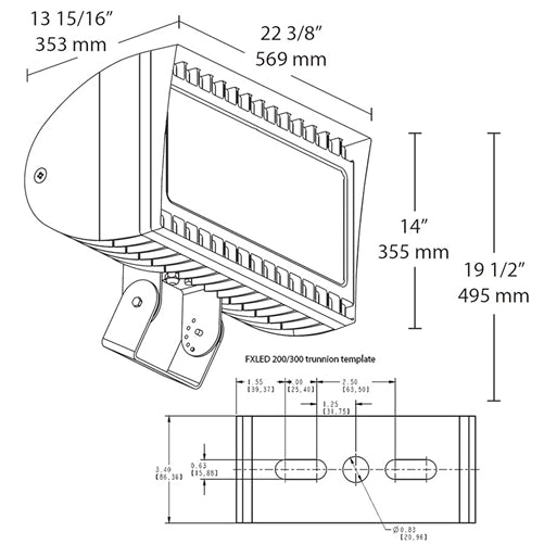 RAB FXLED200TN/PCS2 200W Trunnion Mount LED Floodlight, 4000K (Neutral), 277V Swivel Photocell, 25295 Lumens, 82 CRI, 277V, 7H x 6V Beam Distribution, Standard Operation, DLC Listed, Bronze Finish