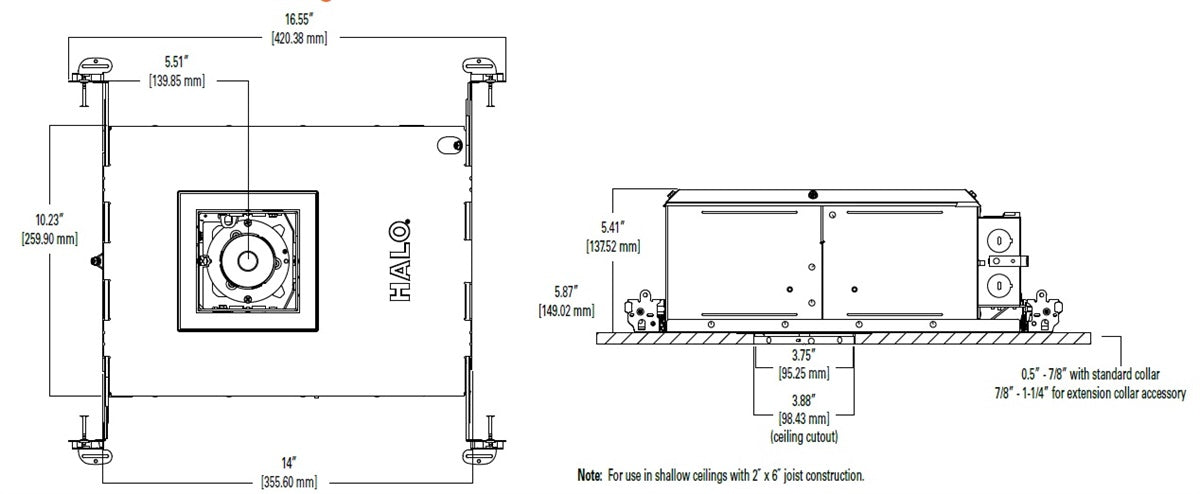 Halo Recessed HL36SA15D2WED010ICAT 3" Square Shallow Directional IC New Construction LED Housing, 15W, No Optic, 90 CRI, 3000K CCT, Dim to Warm, 120V Phase Cut 1% Dimming, 120-277V 0-10V 1% Dimming