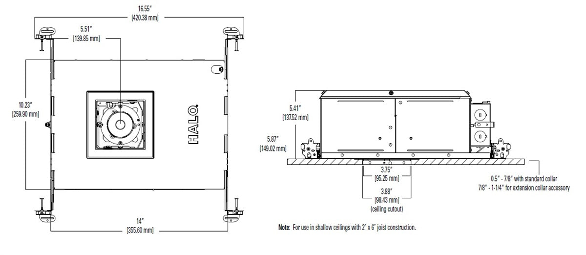 Halo Recessed HL36SA20WFL927ED010ICAT 3" Square Shallow New Construction LED Directional IC Housing, Air Tight, 20W, 55 Degree Beam, 90 CRI, 2700K, 120-277V, Dimmable
