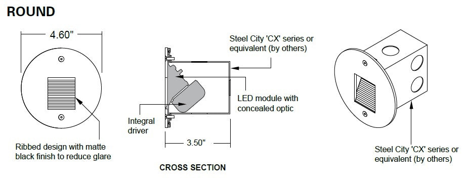 Hydrel HSL11 RD LED BLU MVOLT L MIN5 PSS LED Round Step Light, Blue Color Temperature, 120-277V, Long Throw Distribution, Dimming Driver, Polished Stainless Steel