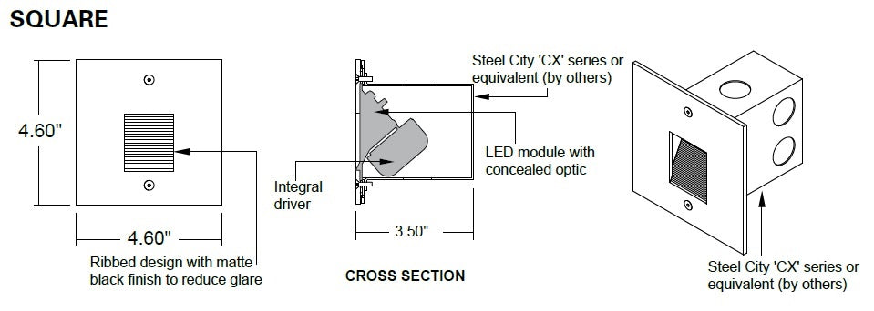 Hydrel HSL11 SQ LED 40K MVOLT S MIN5 SGB LED Square Step Light, 4000K Color Temperature, 120-277V, Short Throw Distribution, Dimming Driver, Semi Gloss Black