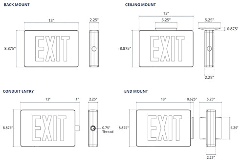 Isolite LPDC2-EM-R-1-BK-BK-MTEB 5W Die-Cast Aluminum LED Exit Sign, Battery Back Up, Red Illumination, Black Face, Black Bpdy,  Top/End/Back Mount