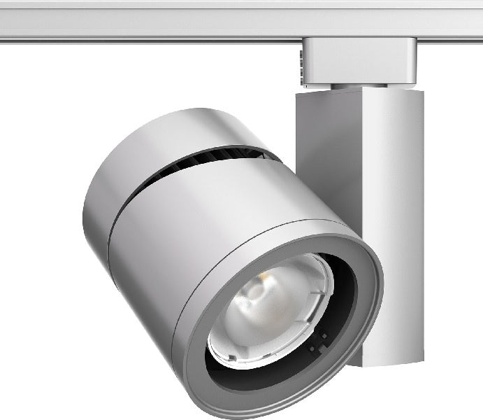 Juno Track Lighting T388L 27K 80CRI PDIM NFL SL 55W Vertical Cylinder LED, 2700K Color Temperature, 80 CRI, Phase Dimmable, Narrow Flood Beam Spread, Silver Finish
