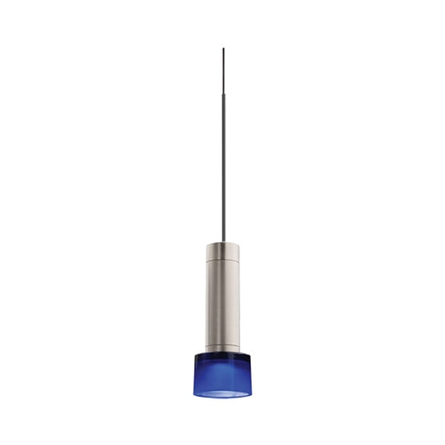 Juno TLPL1783SNBLUBL Trac 12 Decorative LED Mini-Pendant 6W 12V, Cylinder Pendant with 78" Cord, 3000K Color Temperature, Satin Nickel Body, Black Adapter with Blue Glass