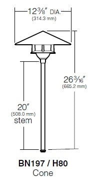 Kim Lighting BN197/3L3KUV/NB/H80NB 20-inch stem LED 120V Brass Traditional Landscape Light, 5.2W, 3 LEDs, 3000K, Copper Cone Hood, Natural Finish
