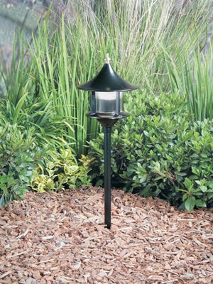 Kim Lighting KLV177BL/H60BL 8-inch Stem 50W MR16 Halogen 120V Die-Cast Aluminum Traditional Landscape Light, Aluminum Pagoda Hood, Black Finish
