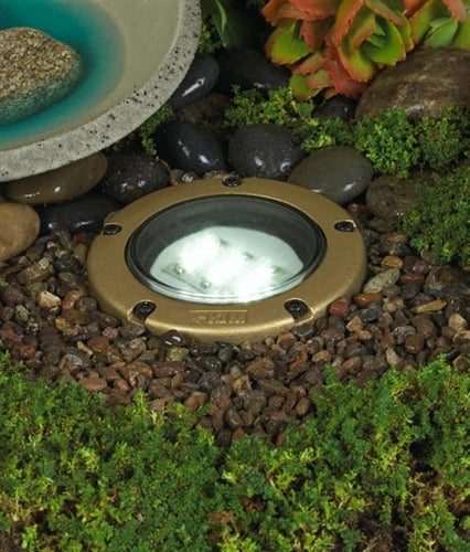 Kim Lighting LTV766/RG60 75W MR16 Halogen 12 Volt Die-Cast Brass In-Grade Minivault Landscape Light, with Rock Guard Lens Ring, Natural Brass Finish