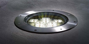Kim Lighting LTV83SSWW12L3KUVPLRCA83 Landscape In-Grade Light vault 8 Stainless Steel, 7-15/16" Diamater, Wall Wash Distribution, 12 LEDs, 3000K, 120-277V, Prismatic Lens, with Rebar Cage Anchor