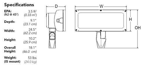 Lithonia HLF1 LED P5 50K WFL MVOLT VG YKC64 PER7 DBLXD 368W High Lumen LED Floodlight, P5 Performance Package, 5000K, Wide Flood Distribution, 120-277V, Vandal Guard, Yoke with 4ft, 16-3 SO Cord, Seven-Wire Receptacle, Black