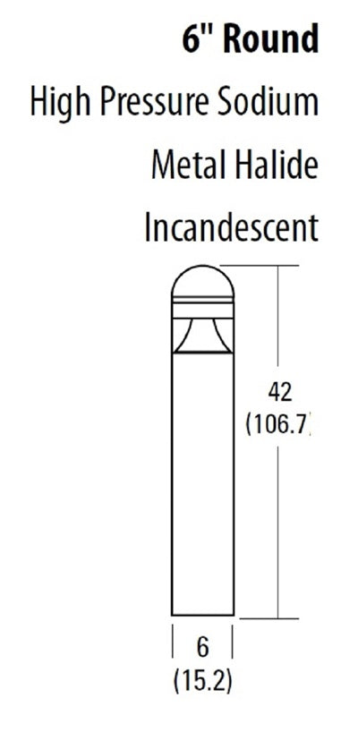 Lithonia KBC6 70S R5 277 DNAXD LPI 6" Round Architectural Bollard, 70W High Pressure Sodium, Type V Distribution, 277V, Magnetic Ballast, Natural Aluminum Super Durable Finish, Lamp Included