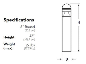 Lithonia KBA8 LED 12C 350 50K ASY MVOLT DDBXD L/AB 8" Round Architectural LED Bollard, 12 LEDs, 350mA, 5000K Color Temperature, Asymmetric Distribution, 120-277V, Dark Bronze Finish, without Anchor Bolt