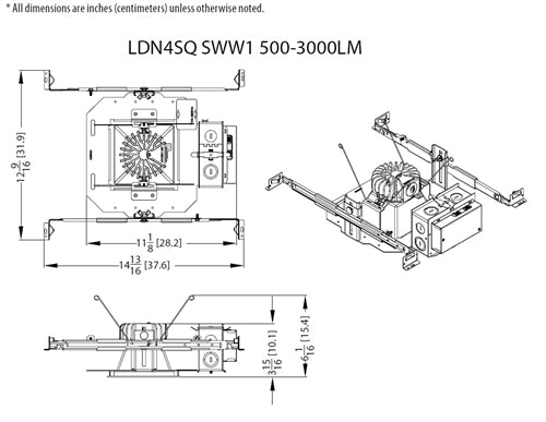 Lithonia LDN4SQ 40/25 MVOLT EZ1 E10WCP HSG 4" Square Open Non-IC New Construction Downlight, 4000K, 2500 Lumens, 120-277V, eldoLED Driver Dims to 1%, 10W Battery Pack, T20 Compliant, Integral Test Switch