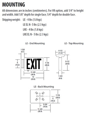 Lithonia LE S 2 R LED Exit Sign Die-Cast Aluminum, Surface Mount, Matte Black, Brushed Aluminum Face, Double Face, Red Letter, AC Only