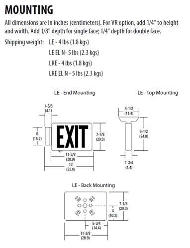 Lithonia LE S 2 G EL N Exit Sign Die-Cast Aluminum, LED Surface Mount, Stencil Face Type, Matte Black Housing, Double Face, Green Letter, 120-277V, Nickel-Cadmium Battery Back-Up