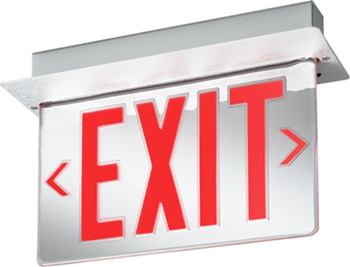Lithonia LRP 1 RW LA 120/277 PNL Edge Lit LED Exit Sign, Brushed Aluminum Housing, Red Letters on White Background, Left Directional Indicator, 120-277V, Panel only