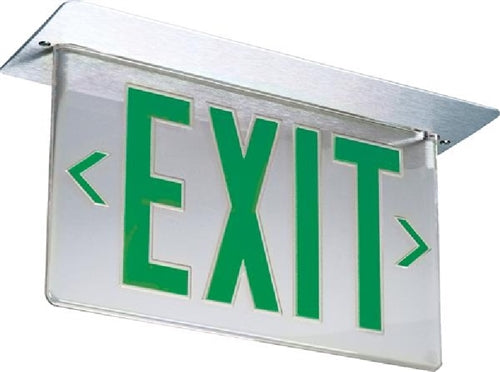 Lithonia LRP 1 GC RA 120/277 LED Edge Lit Exit Sign, Brushed Aluminum Housing, Green Letters on Clear Background, Right Directional Indicator, 120-277V