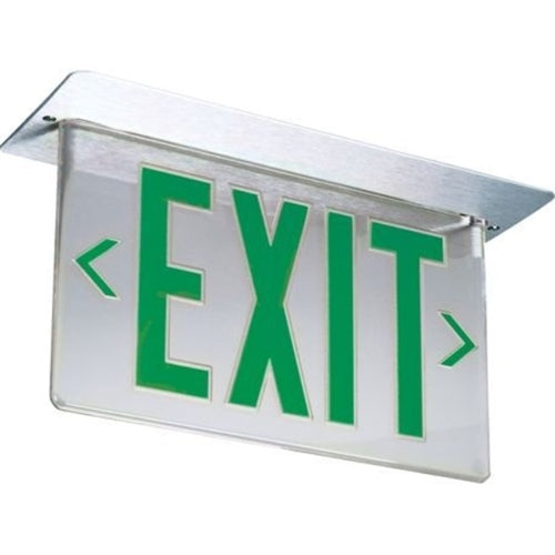 Lithonia LRP 2 GMR LRA 120/277 EL N Edge Lit LED Exit Sign, Brushed Aluminum, Double Face, Green on Mirror, Left and Right Directional Indicators, 120-277V, Nickel Cadmium Battery Emergency Operation