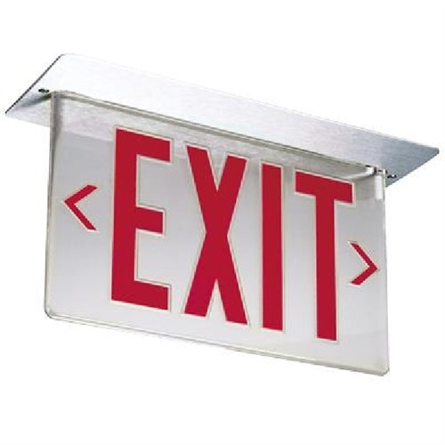 Lithonia LRP 2 RMR DA 120/277 LED Edge Lit Exit Sign, Brushed Aluminum Housing, Red Letters on Mirror Background, Double Face Directional Indicator, 120-277V