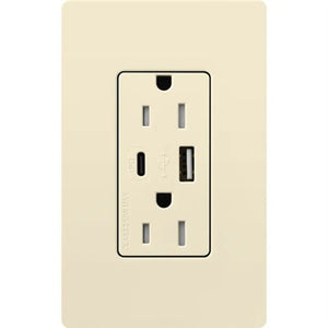 Lutron CAR-15-ACTR-AL 15A Dual Type A and C USB Receptacle, Tamper Resistant in Almond
