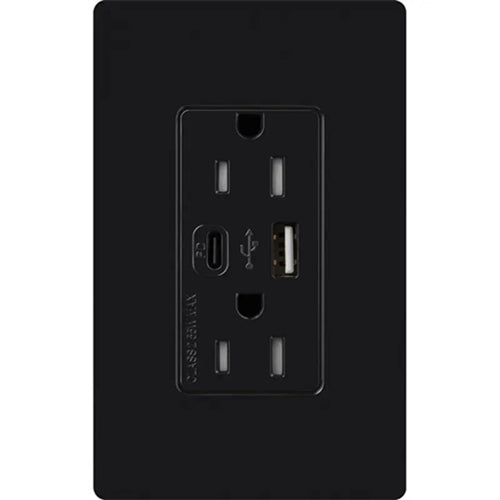 Lutron CAR-15-ACTR-BL 15A Dual Type A and C USB Receptacle, Tamper Resistant in Black