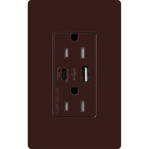 Lutron CAR-15-ACTR-BR 15A Dual Type A and C USB Receptacle, Tamper Resistant in Brown