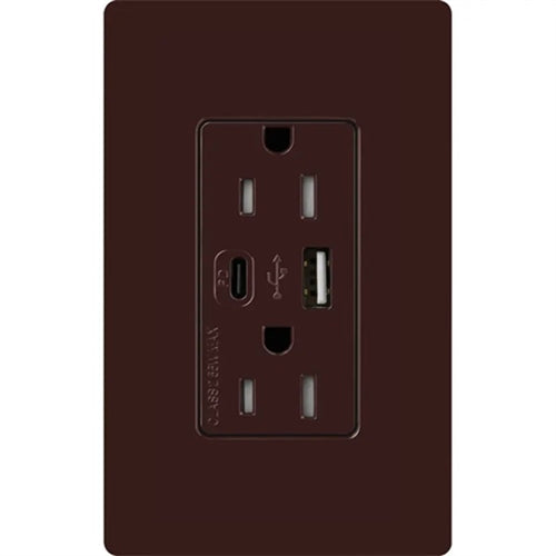 Lutron CAR-15-ACTR-BR 15A Dual Type A and C USB Receptacle, Tamper Resistant in Brown