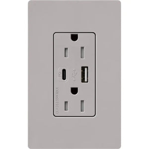 Lutron CAR-15-ACTR-GR 15A Dual Type A and C USB Receptacle, Tamper Resistant in Gray