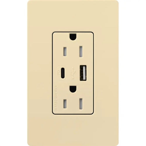 Lutron CAR-15-ACTR-IV 15A Dual Type A and C USB Receptacle, Tamper Resistant in Ivory