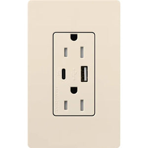 Lutron CAR-15-ACTR-LA 15A Dual Type A and C USB Receptacle, Tamper Resistant in Light Almond