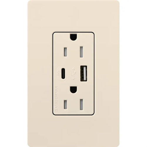 Lutron CAR-15-ACTR-LA 15A Dual Type A and C USB Receptacle, Tamper Resistant in Light Almond