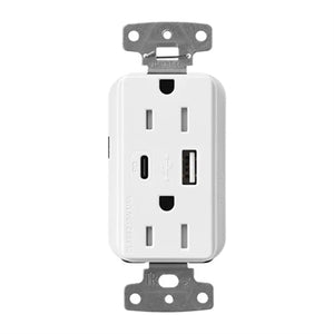 Lutron CAR-15-ACTR-WH 15A Dual Type A and C USB Receptacle, Tamper Resistant in White