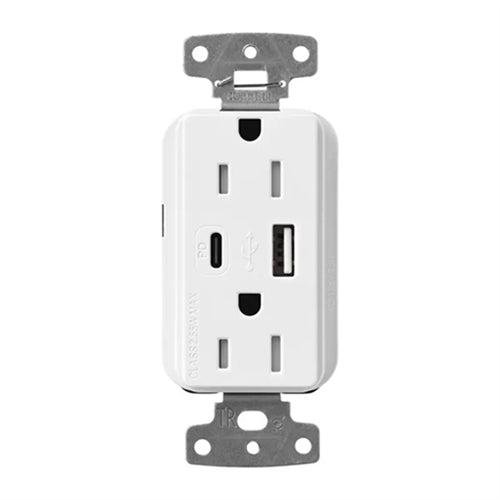 Lutron CAR-15-ACTR-WH 15A Dual Type A and C USB Receptacle, Tamper Resistant in White