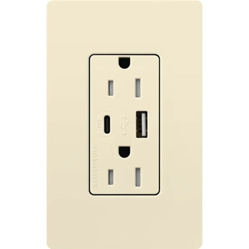Lutron CAR-15-CCTR-AL Claro 15A Dual Type USB Type C and C USB Receptacle, Tamper Resistant in Almond