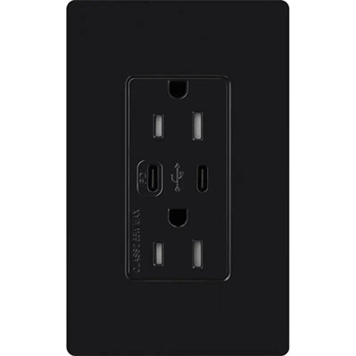 Lutron CAR-15-CCTR-BL Claro 15A Dual Type USB Type C and C USB Receptacle, Tamper Resistant in Black