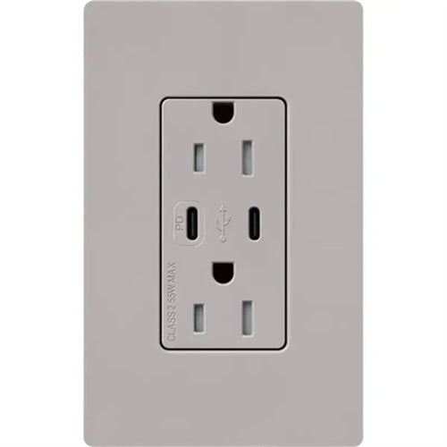 Lutron CAR-15-CCTR-GR Claro 15A Dual Type USB Type C and C USB Receptacle, Tamper Resistant in Gray