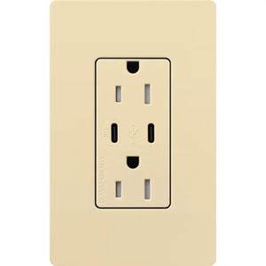 Lutron CAR-15-CCTR-IV Claro 15A Dual Type USB Type C and C USB Receptacle, Tamper Resistant in Ivory