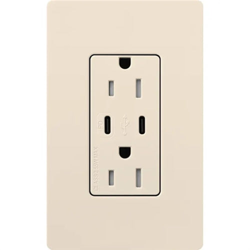 Lutron CAR-15-CCTR-LA Claro 15A Dual Type USB Type C and C USB Receptacle, Tamper Resistant in Light Almond