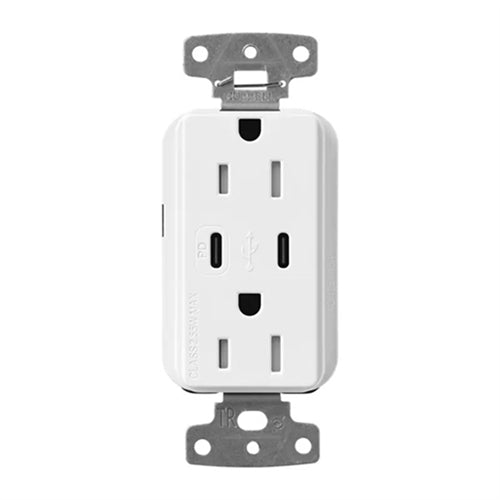 Lutron CAR-15-CCTR-WH Claro 15A Dual Type USB Type C and C USB Receptacle, Tamper Resistant in White