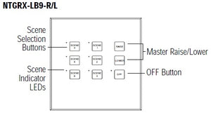 Lutron NTGRX-LB9-RL-GR Grafik Eye 6-Large Button with Off and Raise/Lower Wallstation in Gray