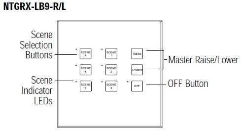 Lutron NTGRX-LB9-RL-IV Grafik Eye 6-Large Button with Off and Raise/Lower Wallstation in Ivory
