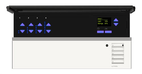 Lutron QSGRJ-4P-TWH Grafik Eye QS Wireless Main Unit, 434 MHz RF Frequency, 4 Lighting Zones, 120V in White Base and Transluscent Black Cover