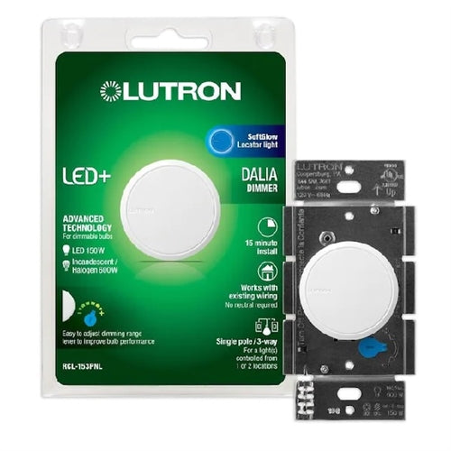 Lutron RCL-153PNL-WH Dalia LED+ 600W Incandescent 150W CFL or LED Single-Pole/3-Way Rotary Light Dimmer in White