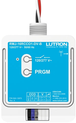 Lutron RMJ-16RCCO1-DV-B PowPak relay module 16A 120-277V, 434 MHz, J-box Knockout Mount, with contact closure output