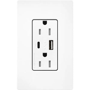 Lutron SCR-15-ACTR-BW Claro 15A Dual Type A and C USB Receptacle, Tamper Resistant in Brilliant White