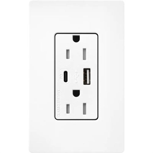 Lutron SCR-15-ACTR-BW Claro 15A Dual Type A and C USB Receptacle, Tamper Resistant in Brilliant White